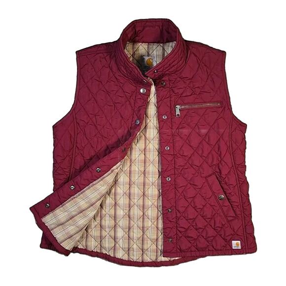 CARHARTT Women's Quilted Vest Fushia Pink Plaid Lined Size Medium Outdoor - Picture 1 of 11